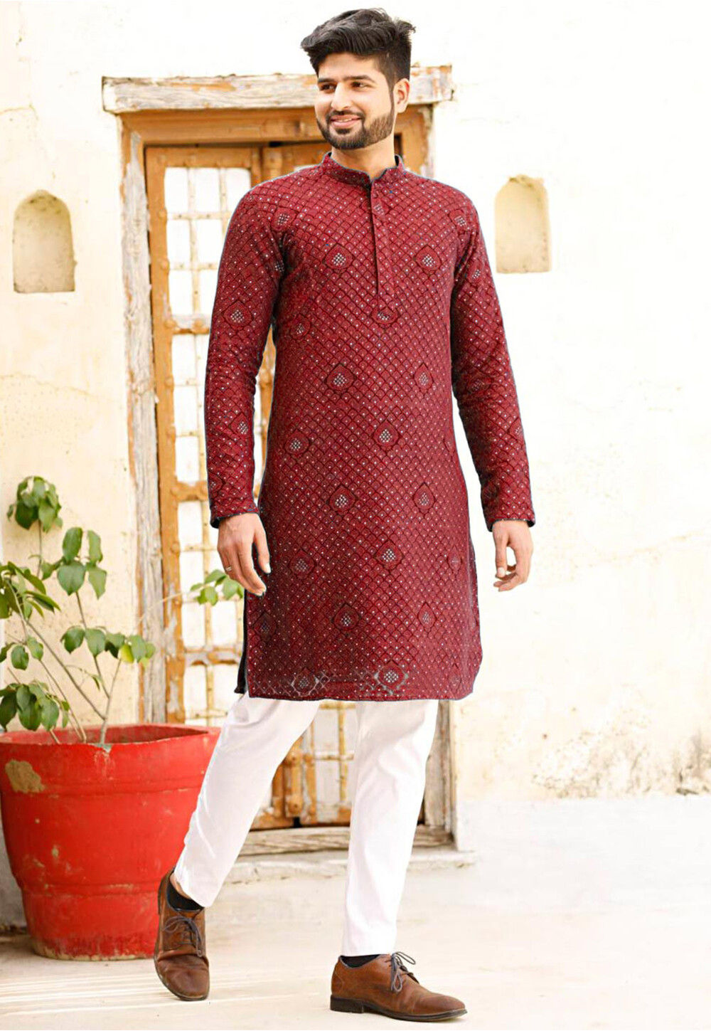 Maroon Embroidered Georgette Kurta Set
