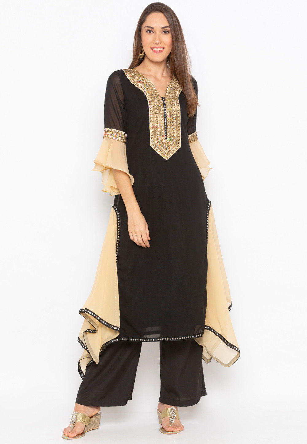 Black Georgette Embroidered Angrakha Kurta Palazzo With Choker Dupatta Set main image 0
