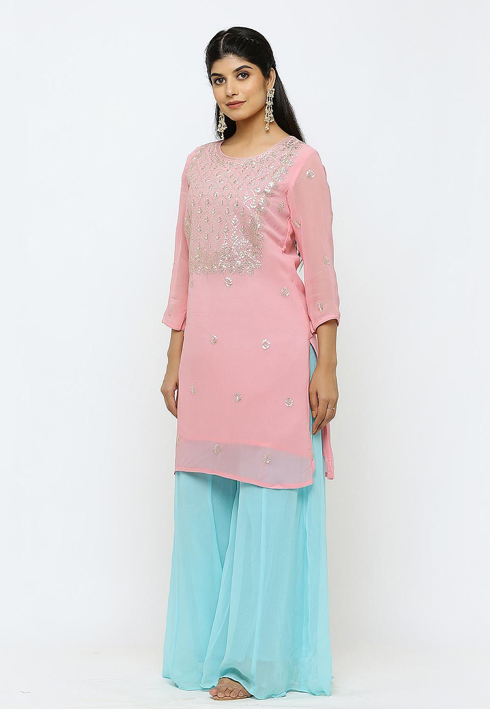 Blush Pink Sequined Georgette Kurti with Straight Pants – anokherang