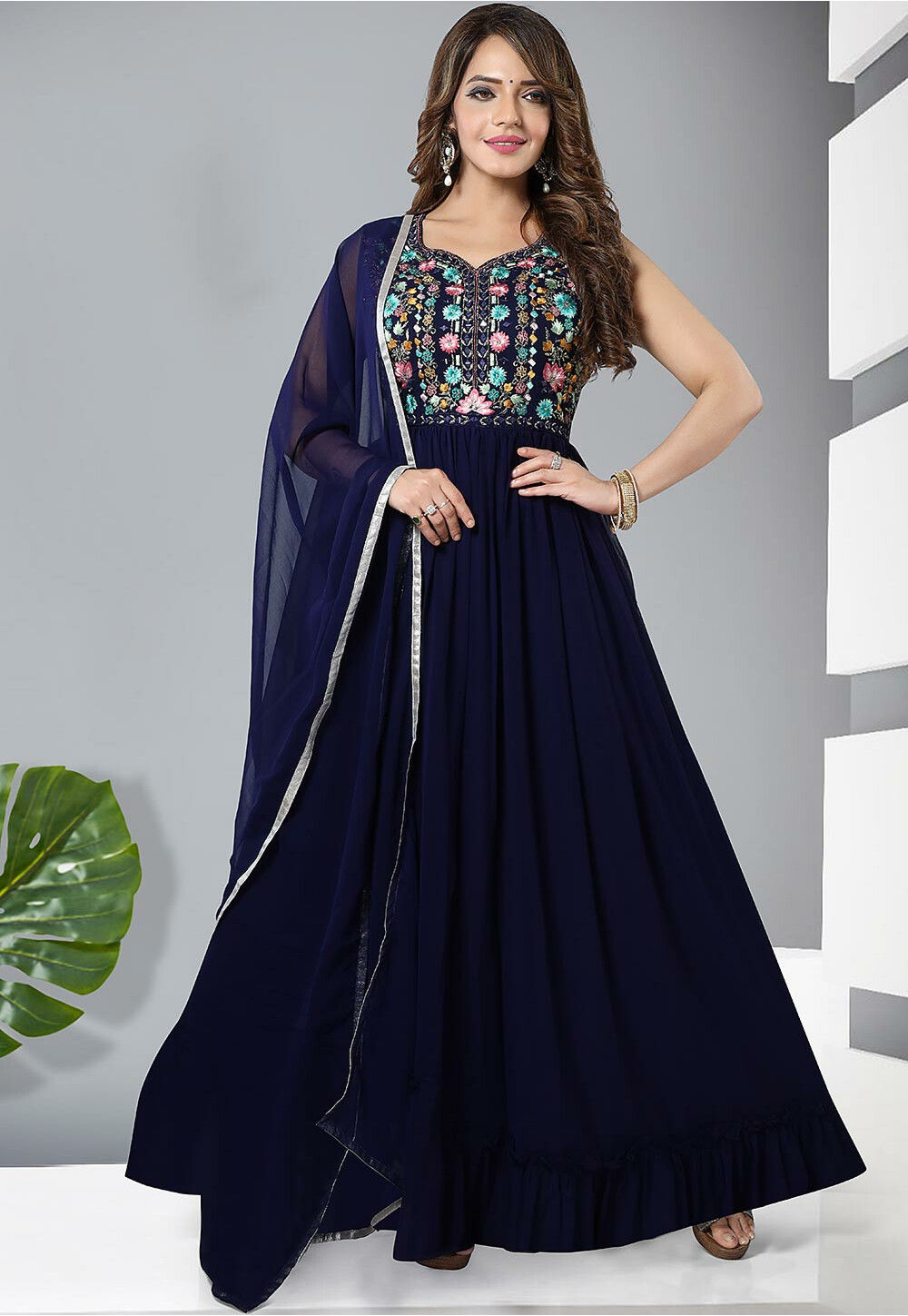 Buy Embroidered Georgette Layered Abaya Style Suit in Navy Blue Online ...