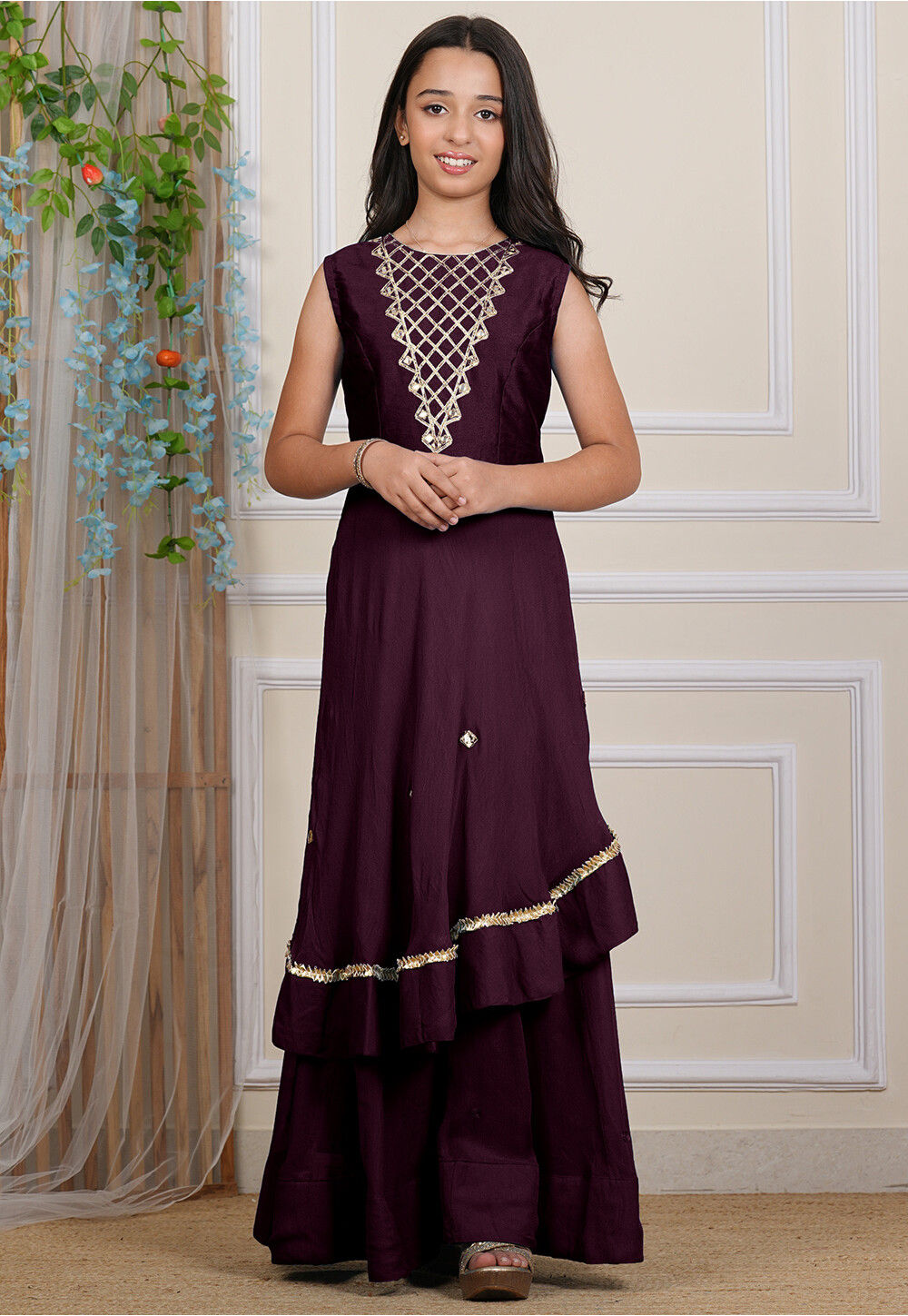 Sahasra Wine Georgette Embroidered Gown Set