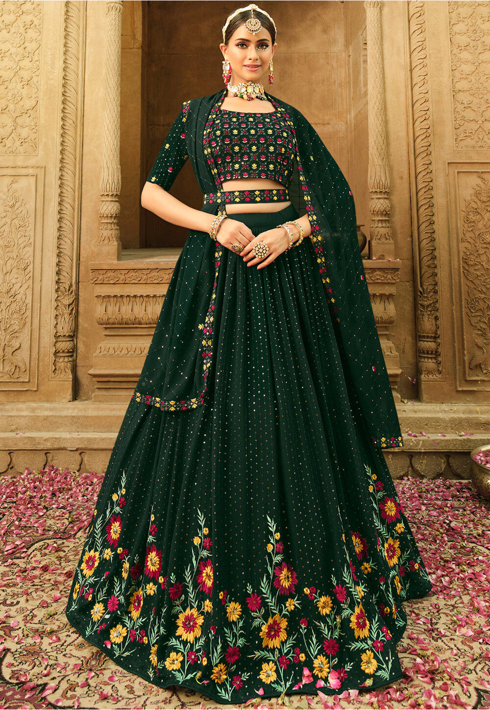 Buy Designer Sarees, Salwar Kameez, Kurtis & Tunic and Lehenga  Choli.Amazing Silk Dark Olive Green Lehenga Choli