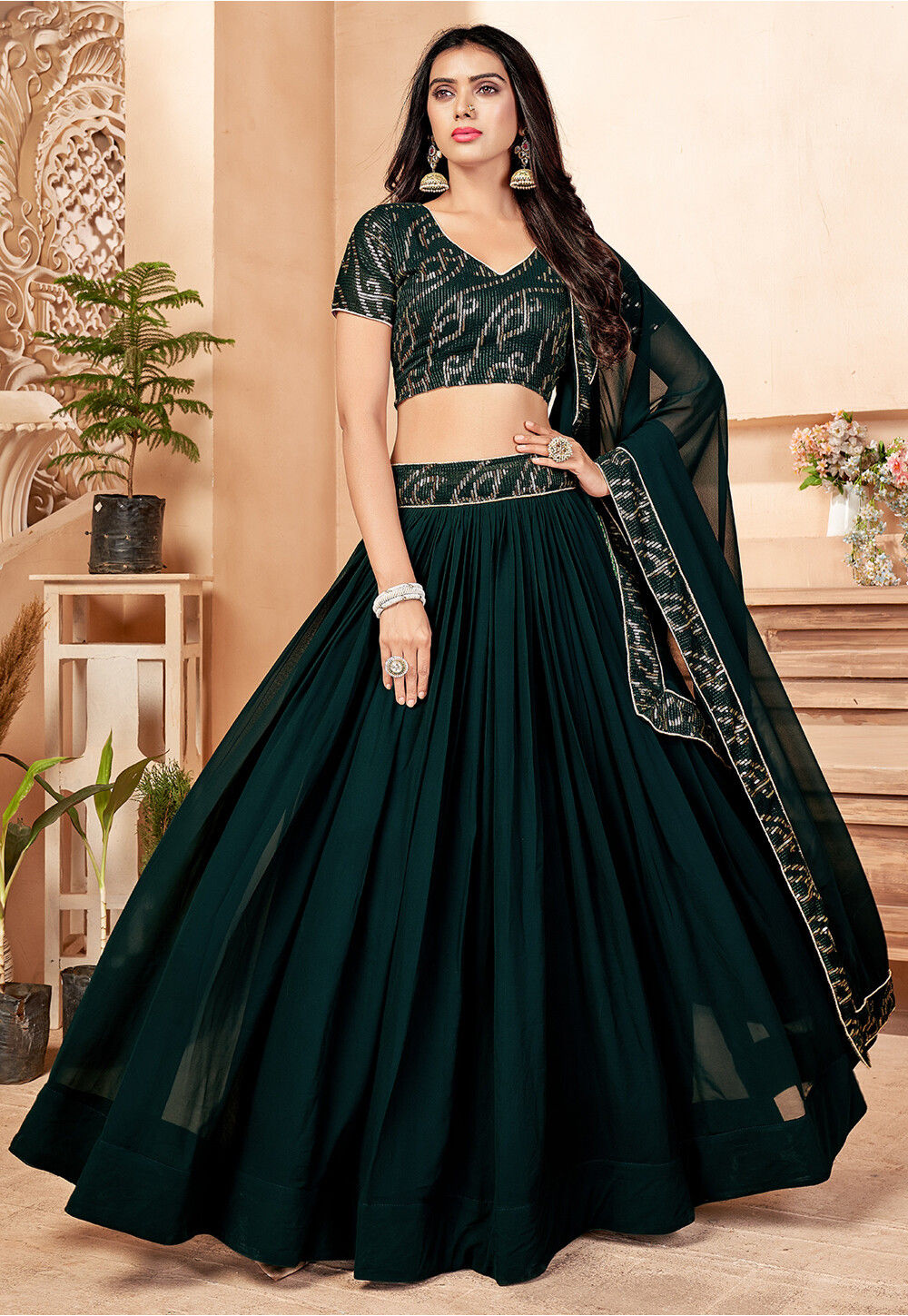 Dark Green Lehenga Choli With Pink Dupatta For Wedding