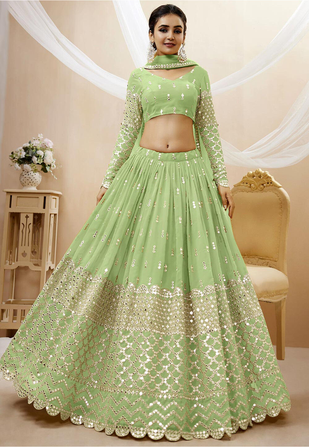 Embroidered Net Lehenga Choli in Light Green - Ucchal Fashion