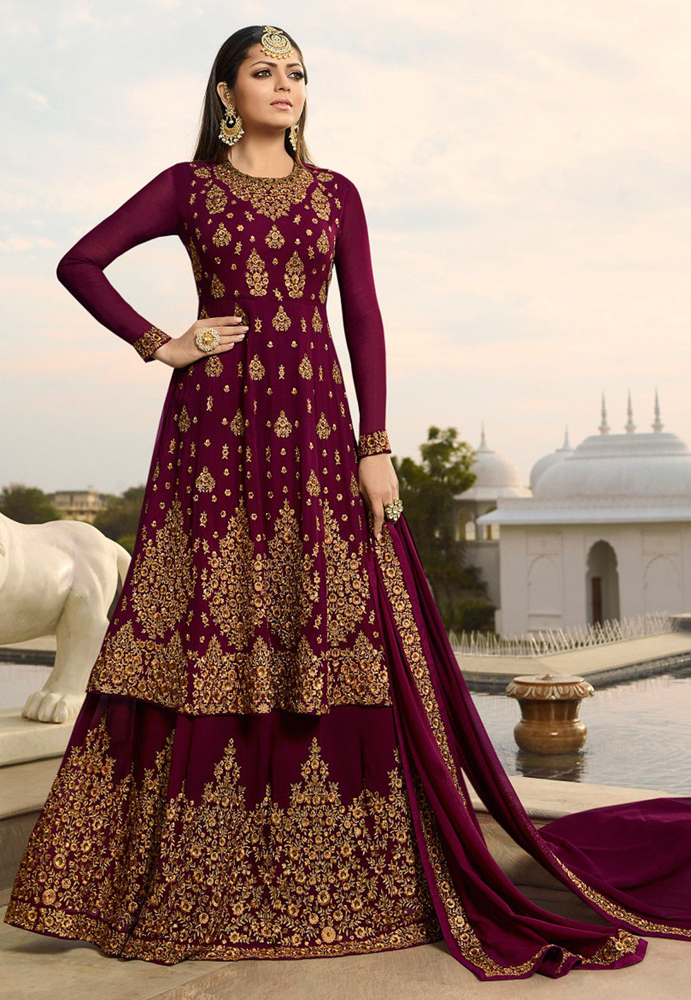 Embroidered Georgette Lehenga in Magenta : LCC459