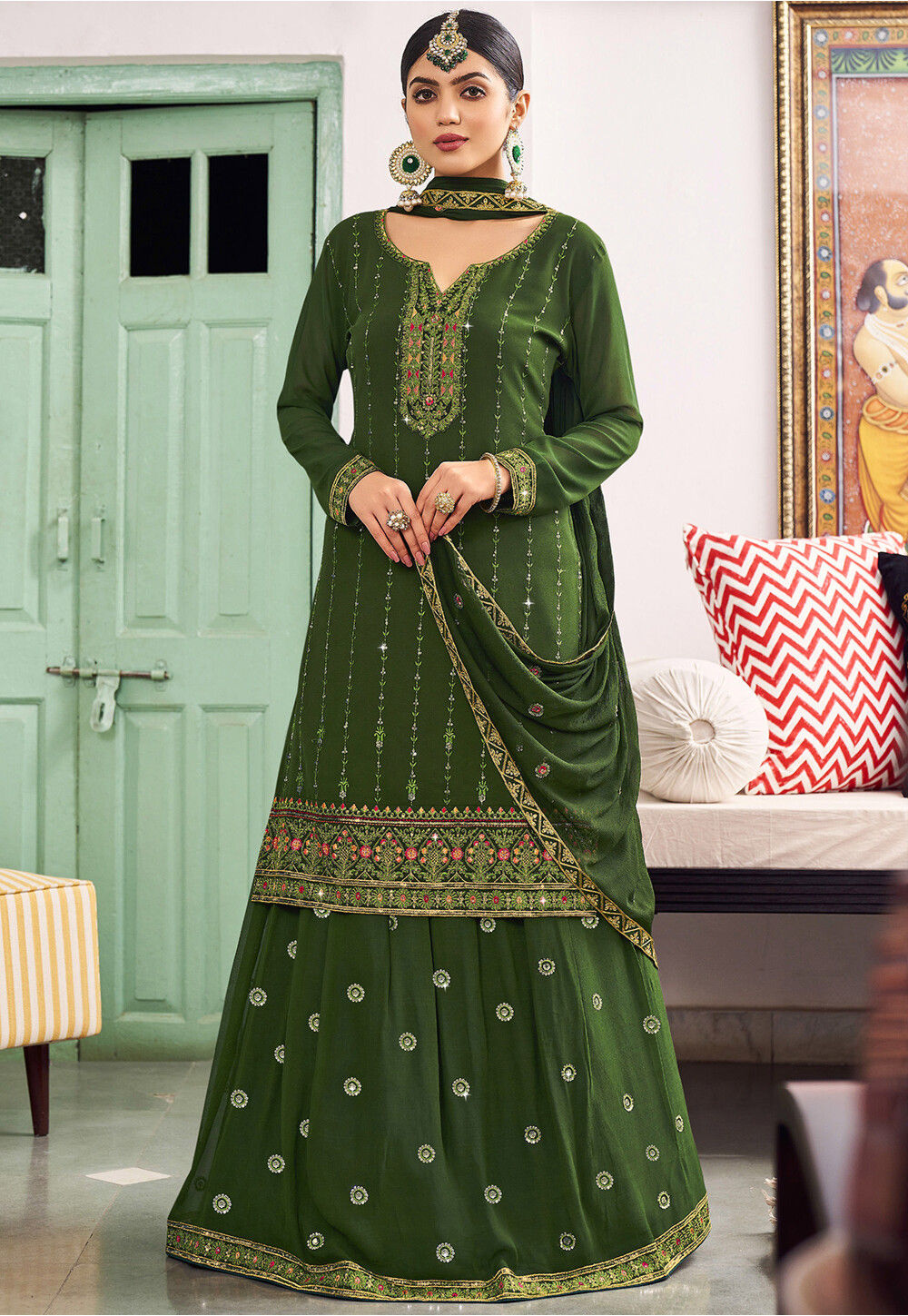 Buy Embroidered Georgette Lehenga in Olive Green Online : LQY857 ...
