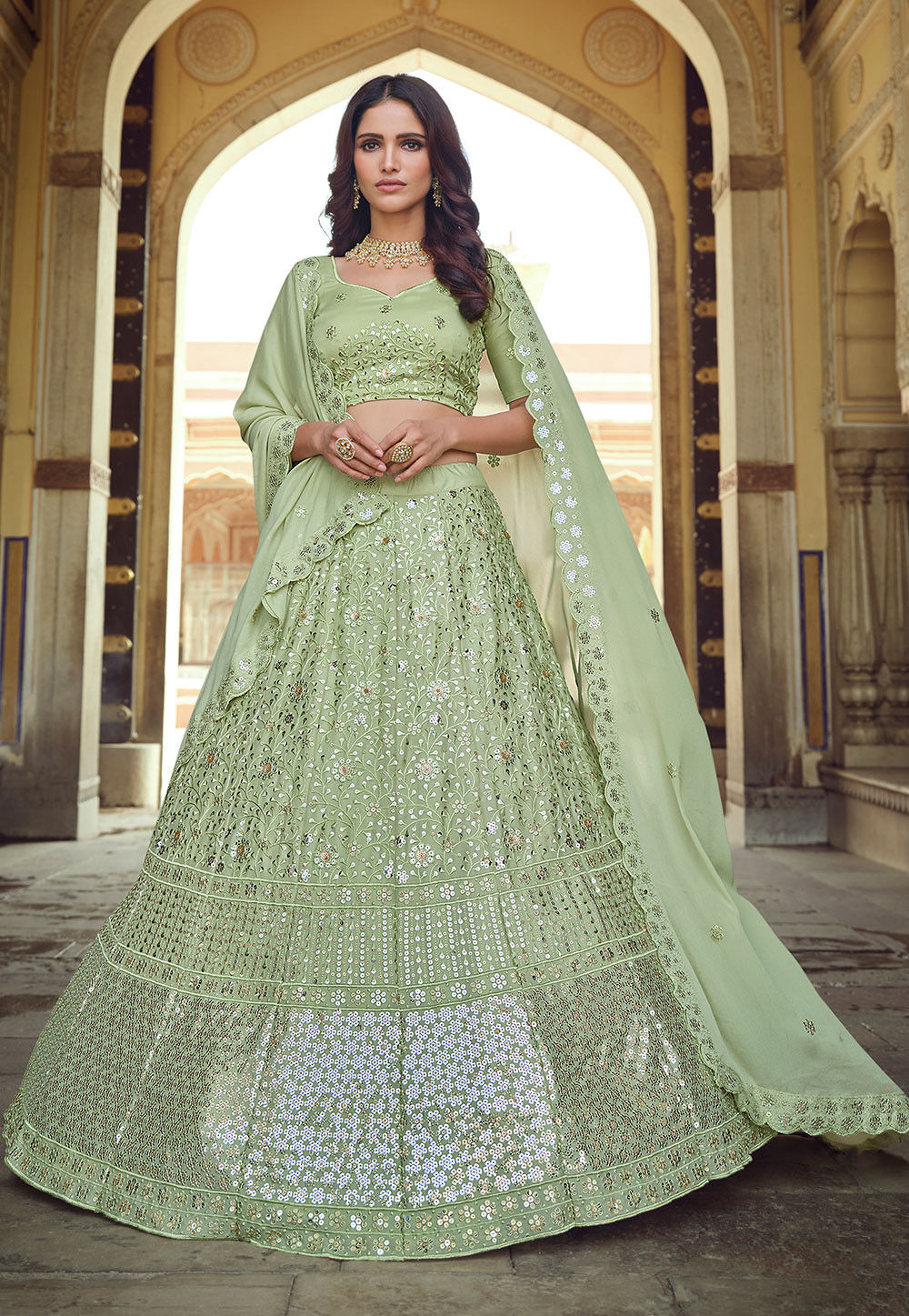embroidered georgette lehenga in pastel green v1 lyc1688