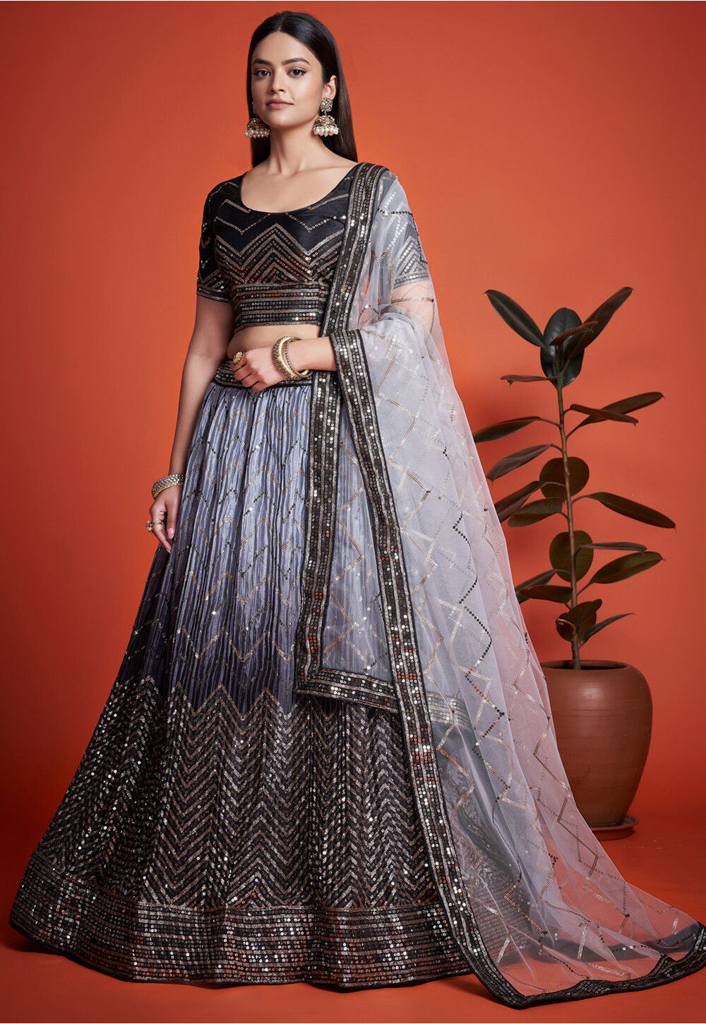 Buy Embroidered Georgette Lehenga in Shaded Grey and Black Online LEH66 Utsav Fashion