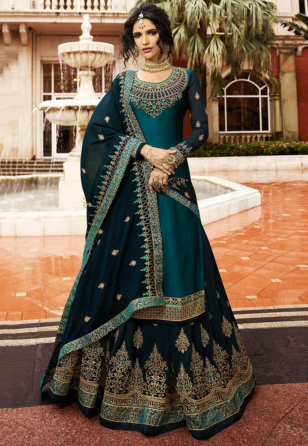 Embroidered Georgette Lehenga in Teal Blue : LCC543