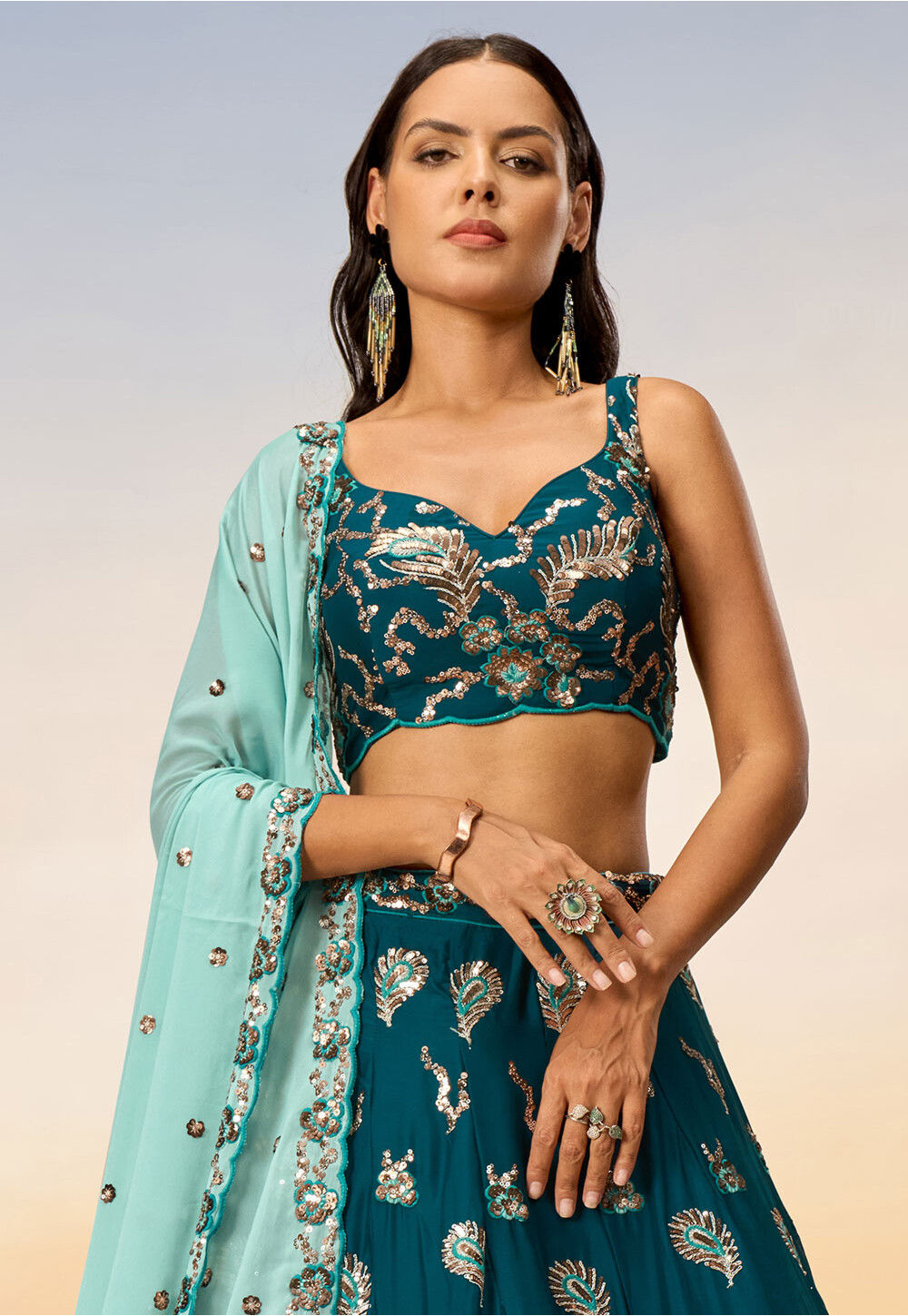 Teal Blue Embroidered Georgette Lehenga
