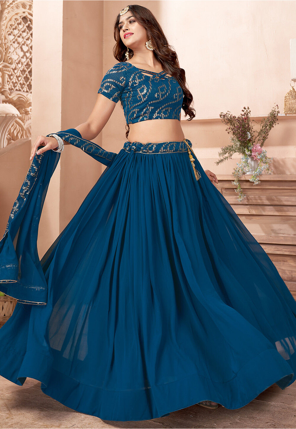 Embroidered Lehenga in Teal Blue LSW22