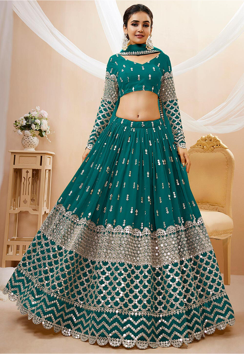 Buy Embroidered Georgette Lehenga in Teal Blue Online : LYC2754 - Utsav ...