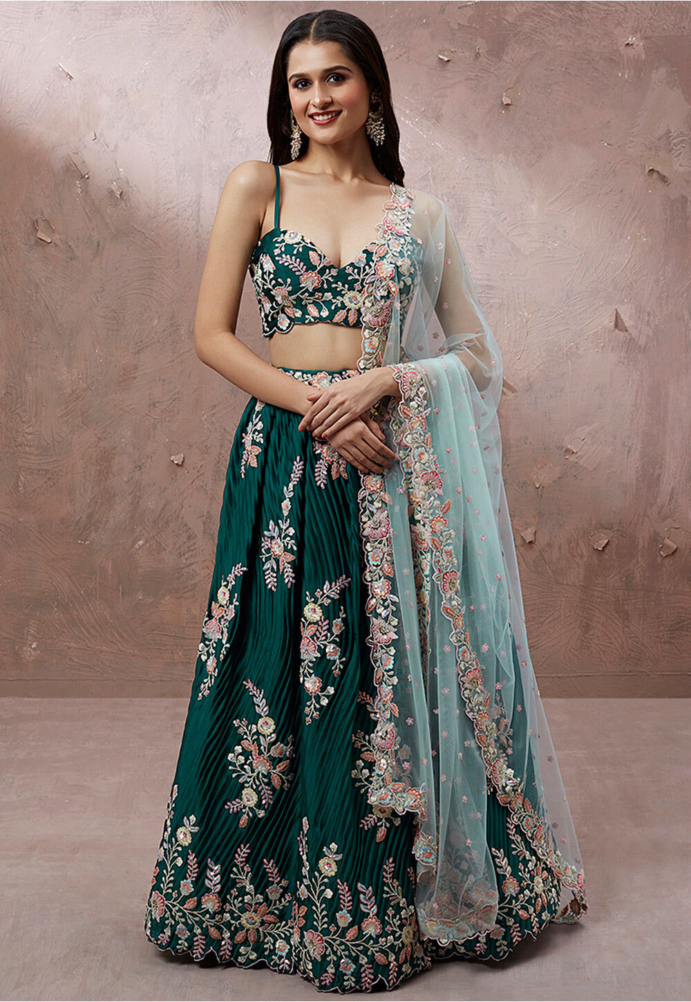 Embroidered Georgette Lehenga in Teal Green : LQY1942