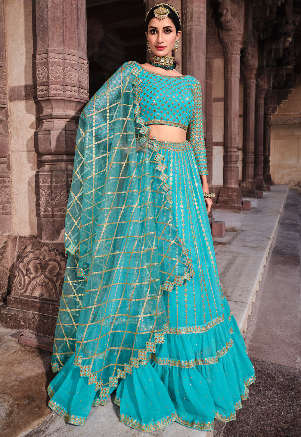 Embroidered Georgette Lehenga in Turquoise : LYC2060