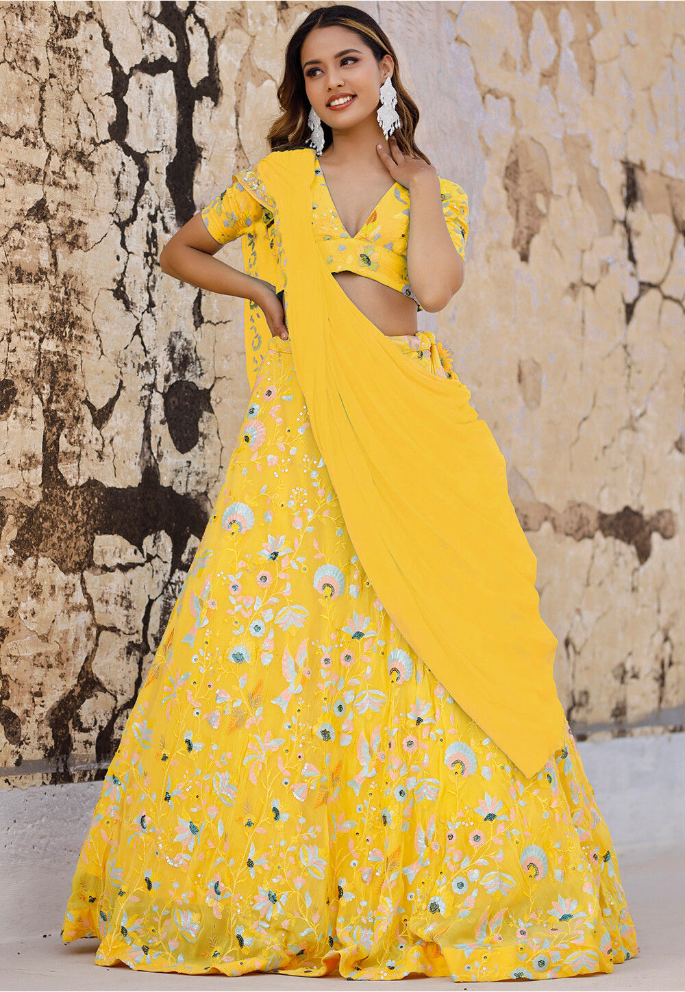 Buy Embroidered Georgette Lehenga in Yellow Online : LJN1727 - Utsav ...