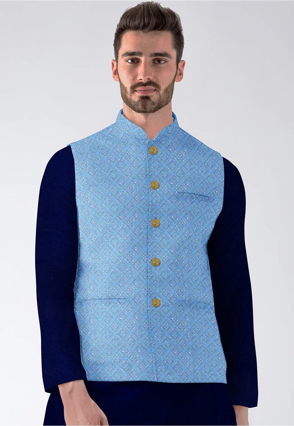 Embroidered Georgette Nehru Jacket in Light Blue