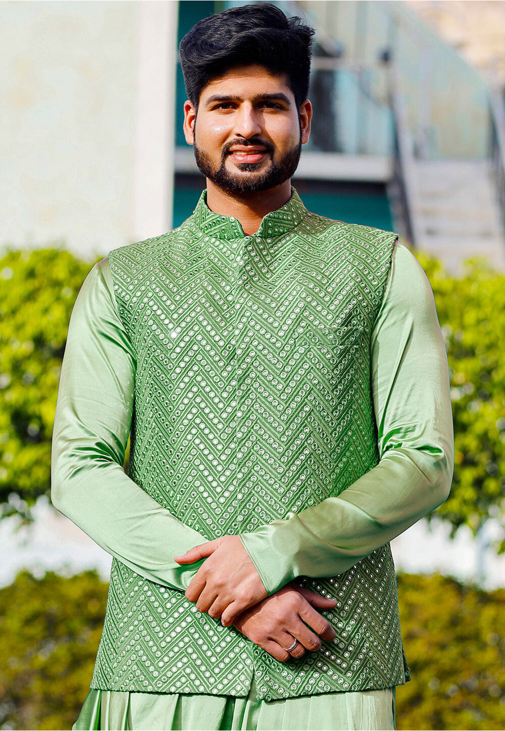 Sojanya (Since 1958) Men's Jacquard Silk Sea Green Designer Nehru Jacket