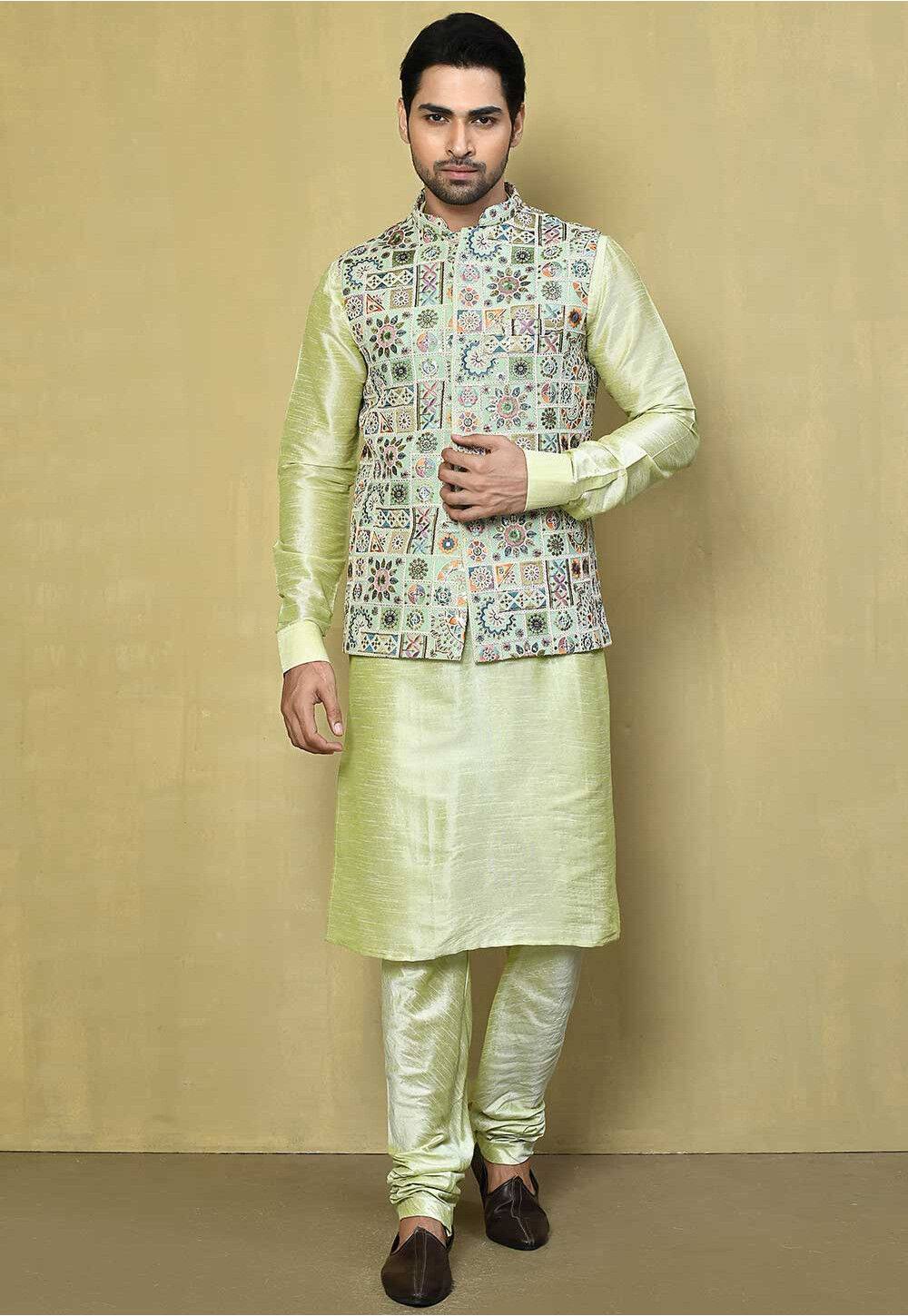 Buy Embroidered Nehru Jacket in Pastel Green Online MLC2540