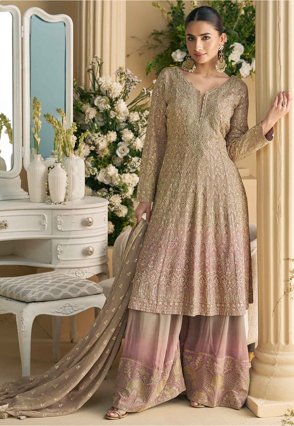Pakistani Style Cappuccino Beige 2-Piece Women’s Suit with White Embroidery main image 1