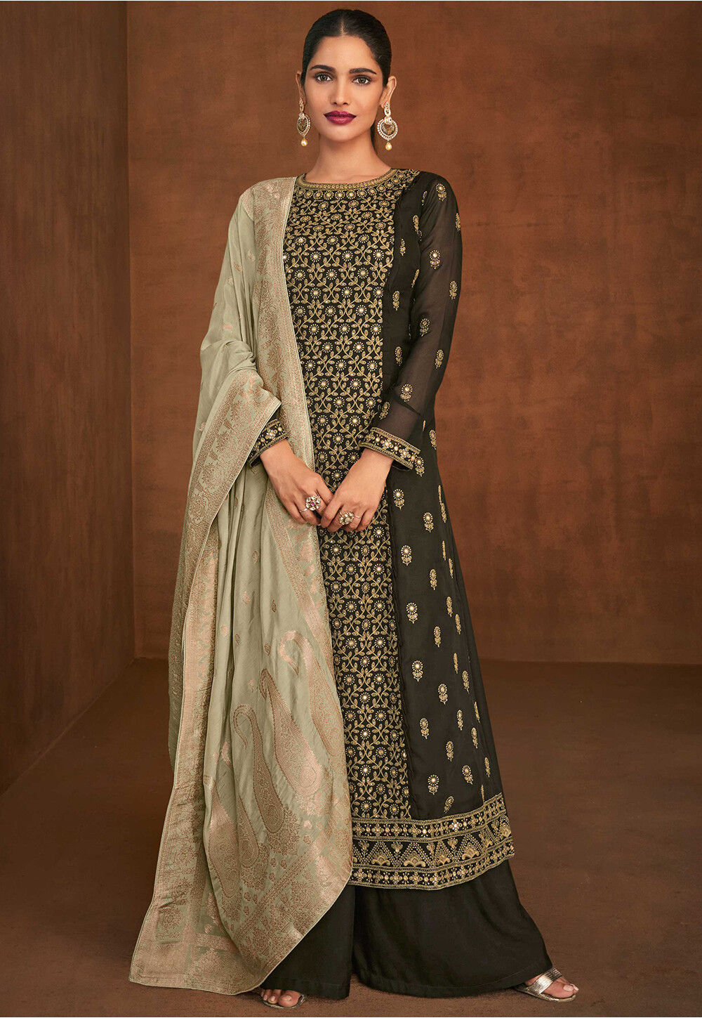 Embroidered Georgette Pakistani Suit in Olive Green : KCH8758