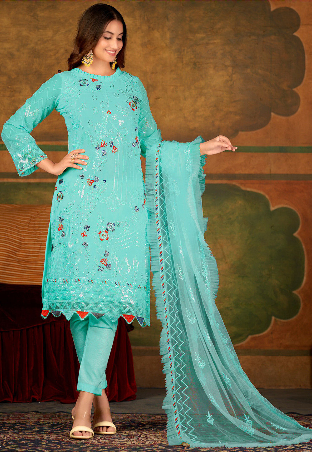 Embroidered Georgette Pakistani Suit In Blue Kgj118 