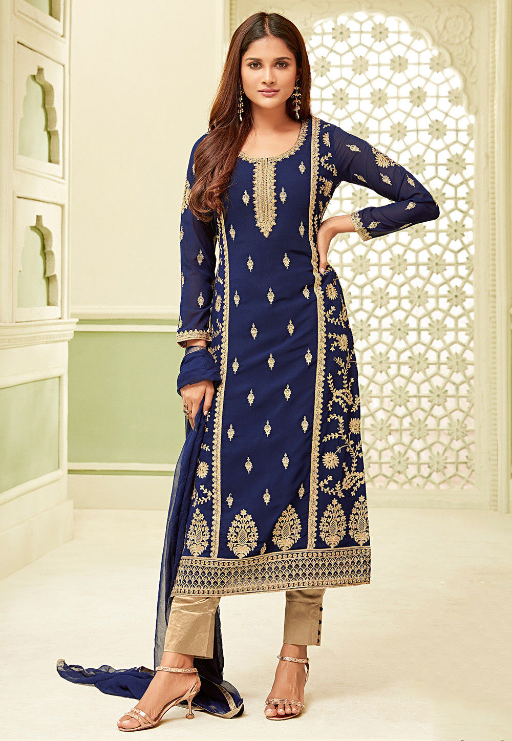 Buy Navy Blue Silk Pakistani Suit With Palazzo Pant Online - LSTV03969 |  Andaaz Fashion