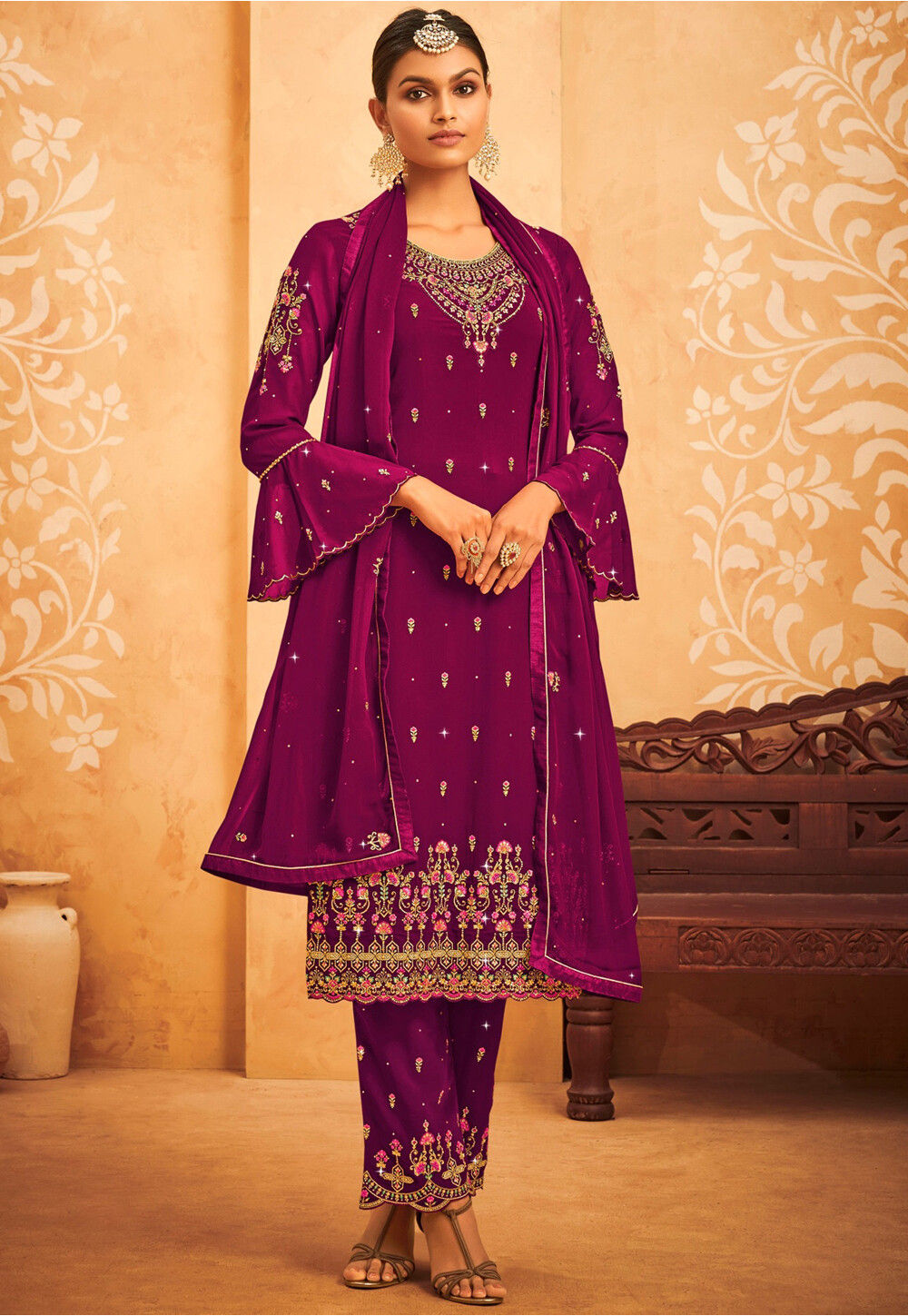 Embroidered Georgette Pakistani Suit in Dark Pink : KQU3516