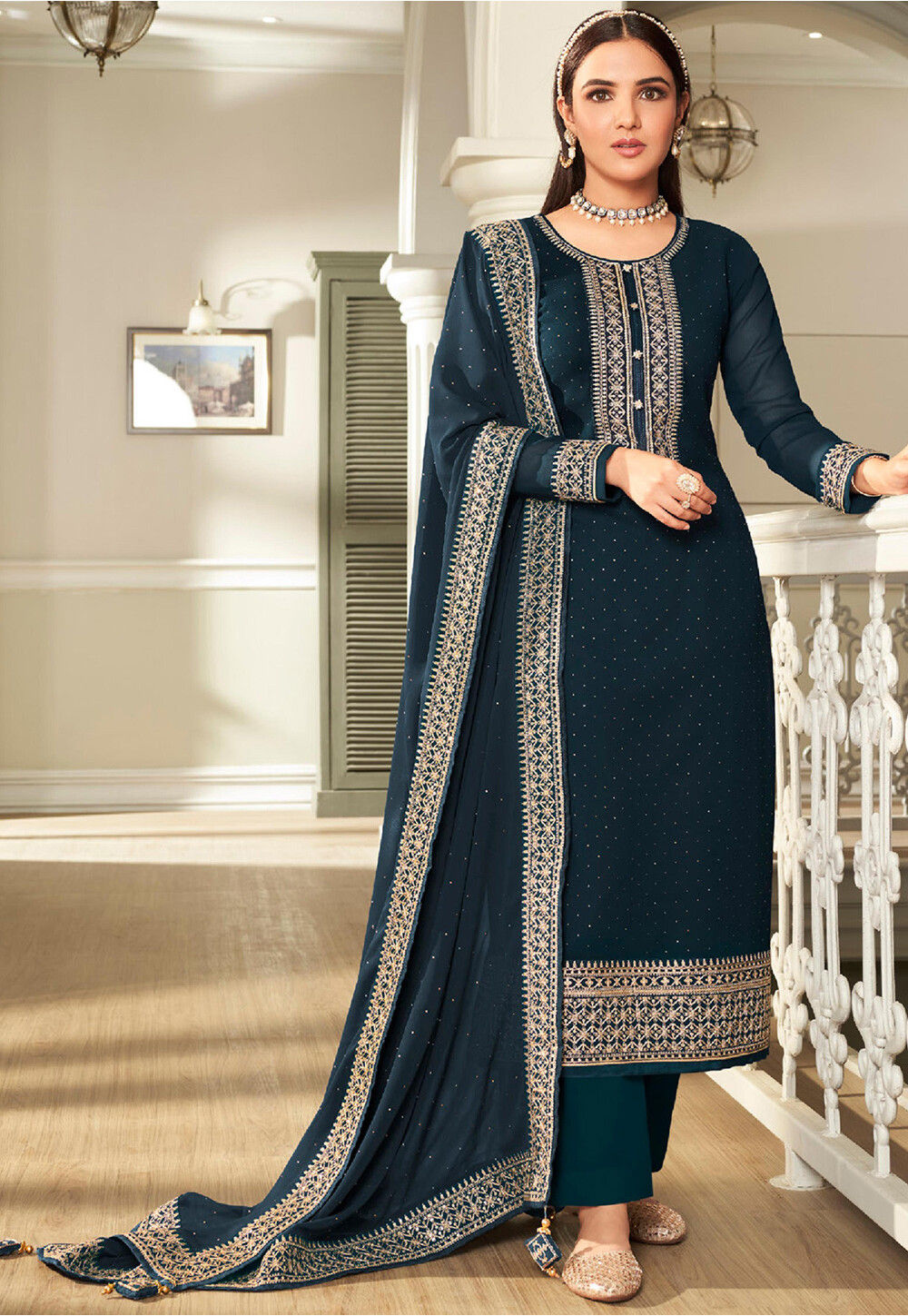 Buy Embroidered Georgette Pakistani Suit in Dark Teal Blue Online ...