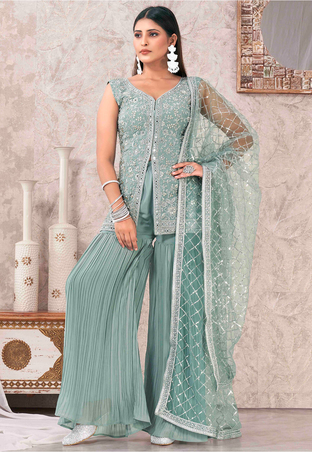 UtsavFashion Embroidered Georgette Pakistani Suit in Dusty Blue