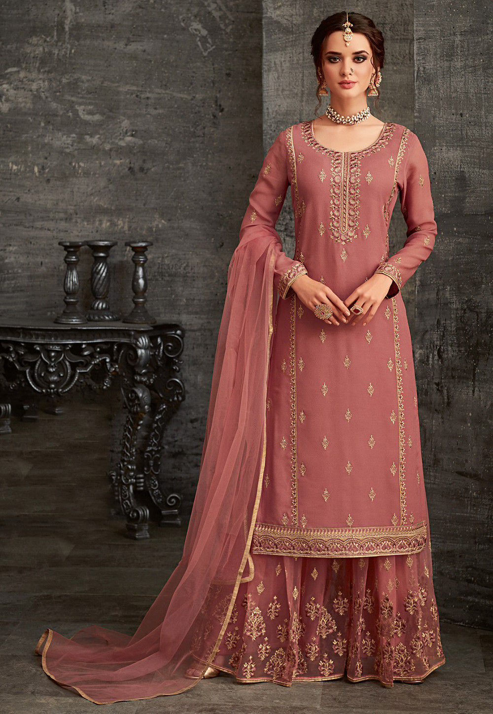 Buy Embroidered Georgette Pakistani Suit in Dusty Pink Online : KUF14421 -  Utsav Fashion