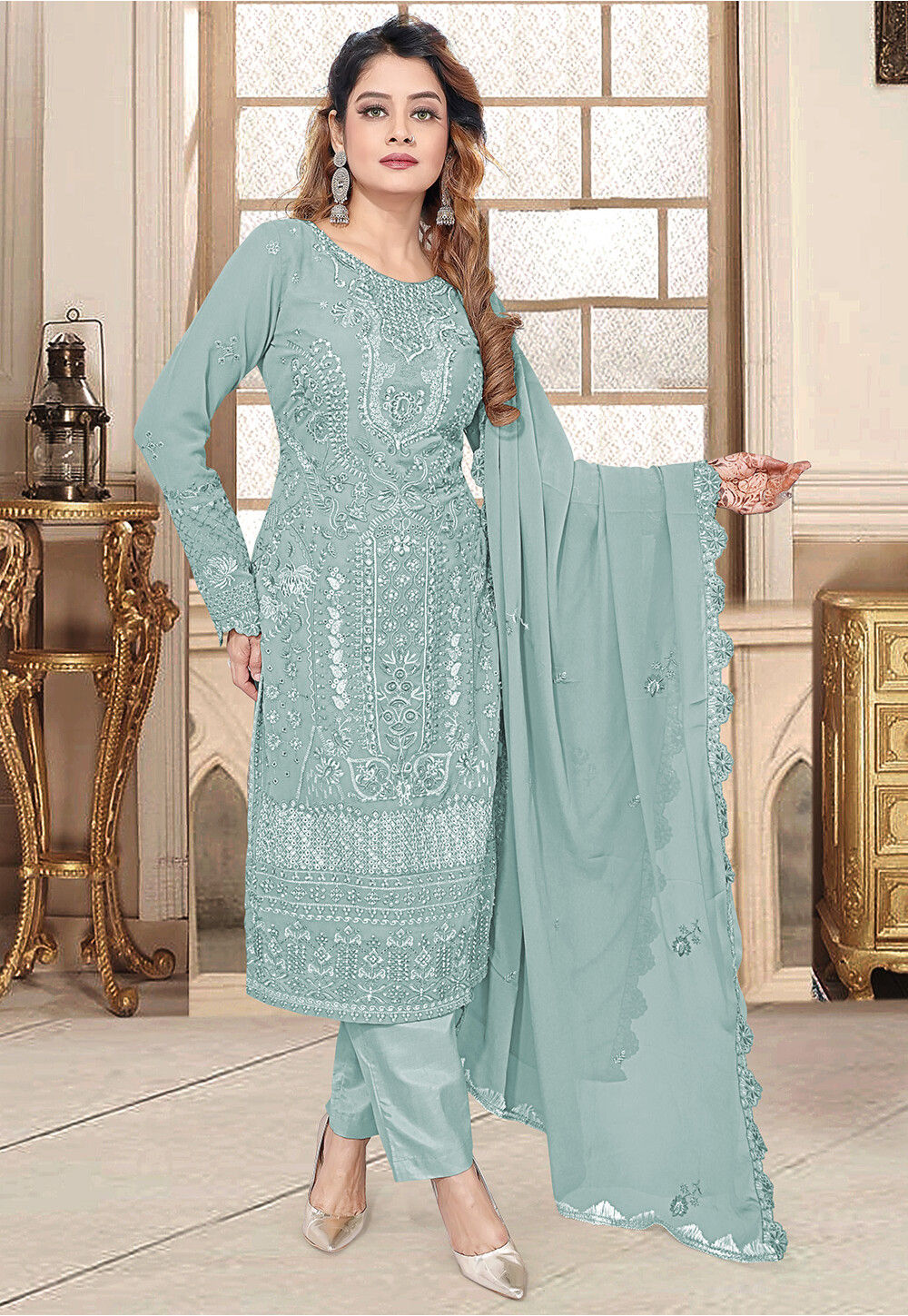 sea green dress pakistani MISS PAKISTAN WEARING SEA GREEN RAW SILK SHIRT WITH HANDWORK USC-136 –  Usama Silk main image 0
