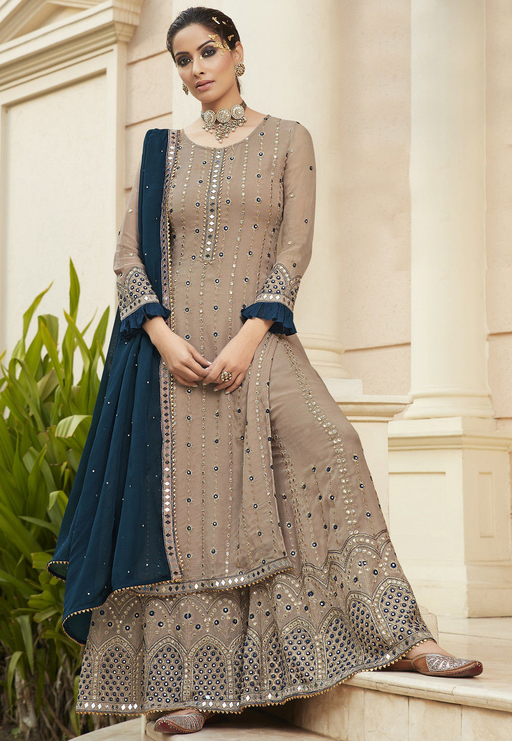 Embroidered Georgette Pakistani Suit in Fawn : KCH6952