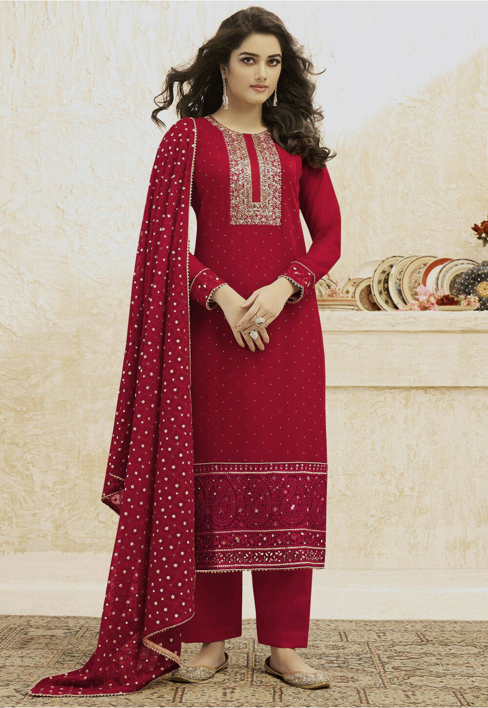 Embroidered Georgette Pakistani Suit in Fuchsia : KCH6475