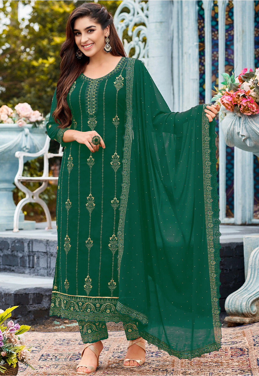 Embroidered Georgette Pakistani Suit In Green Kch10011 0242