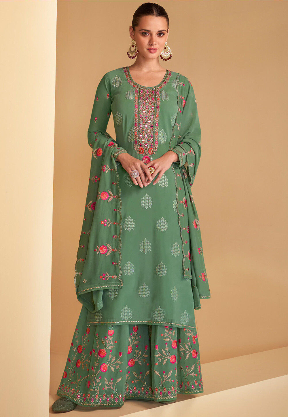 Embroidered Georgette Pakistani Suit In Green Kch10900 4001