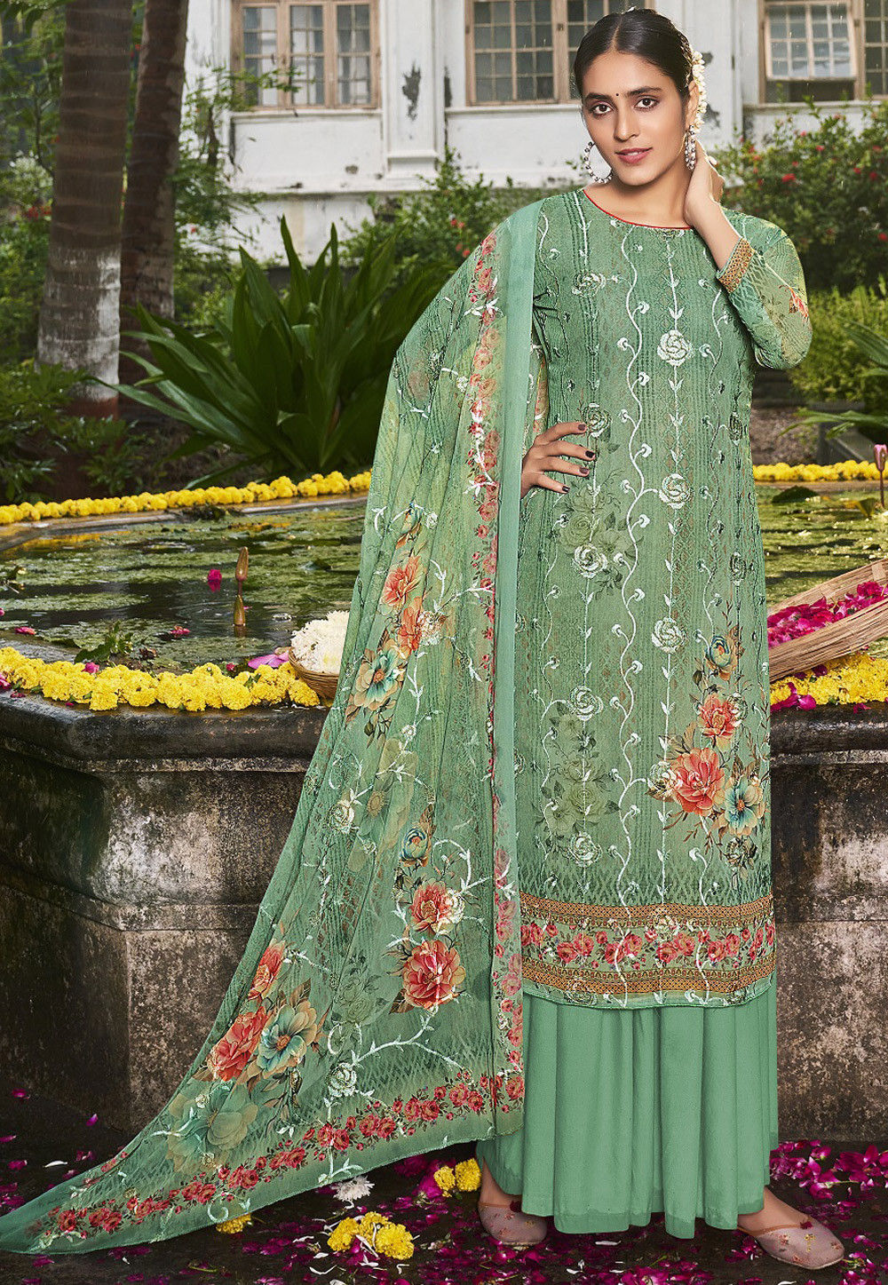 Embroidered Georgette Pakistani Suit In Green Kch7934 