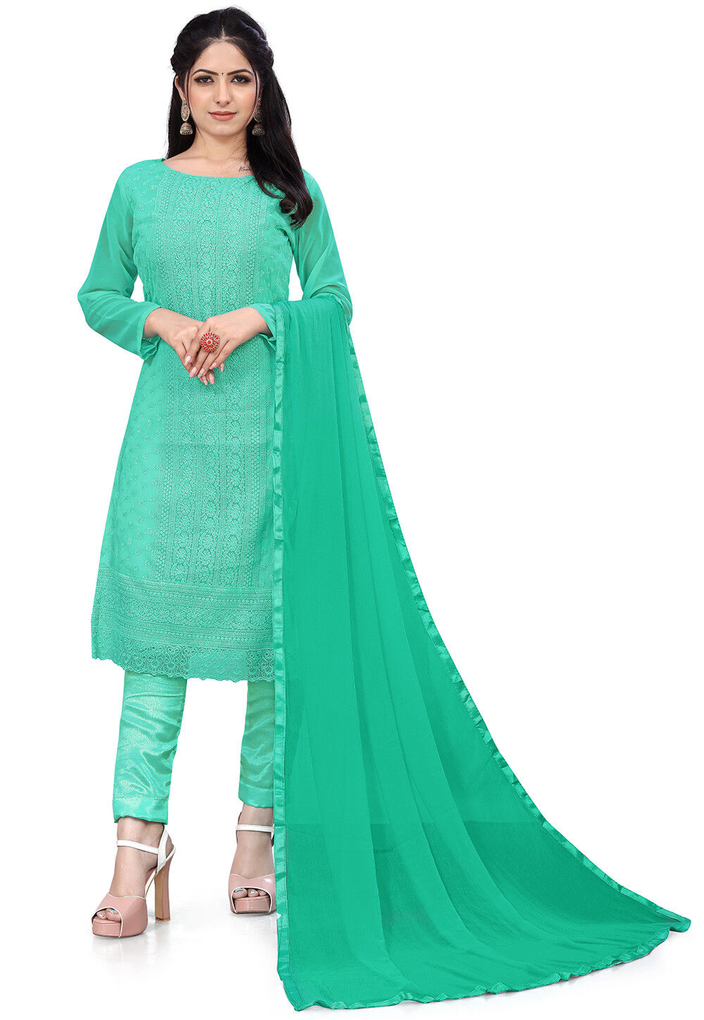 Embroidered Georgette Pakistani Suit In Green Kjc1605 0219