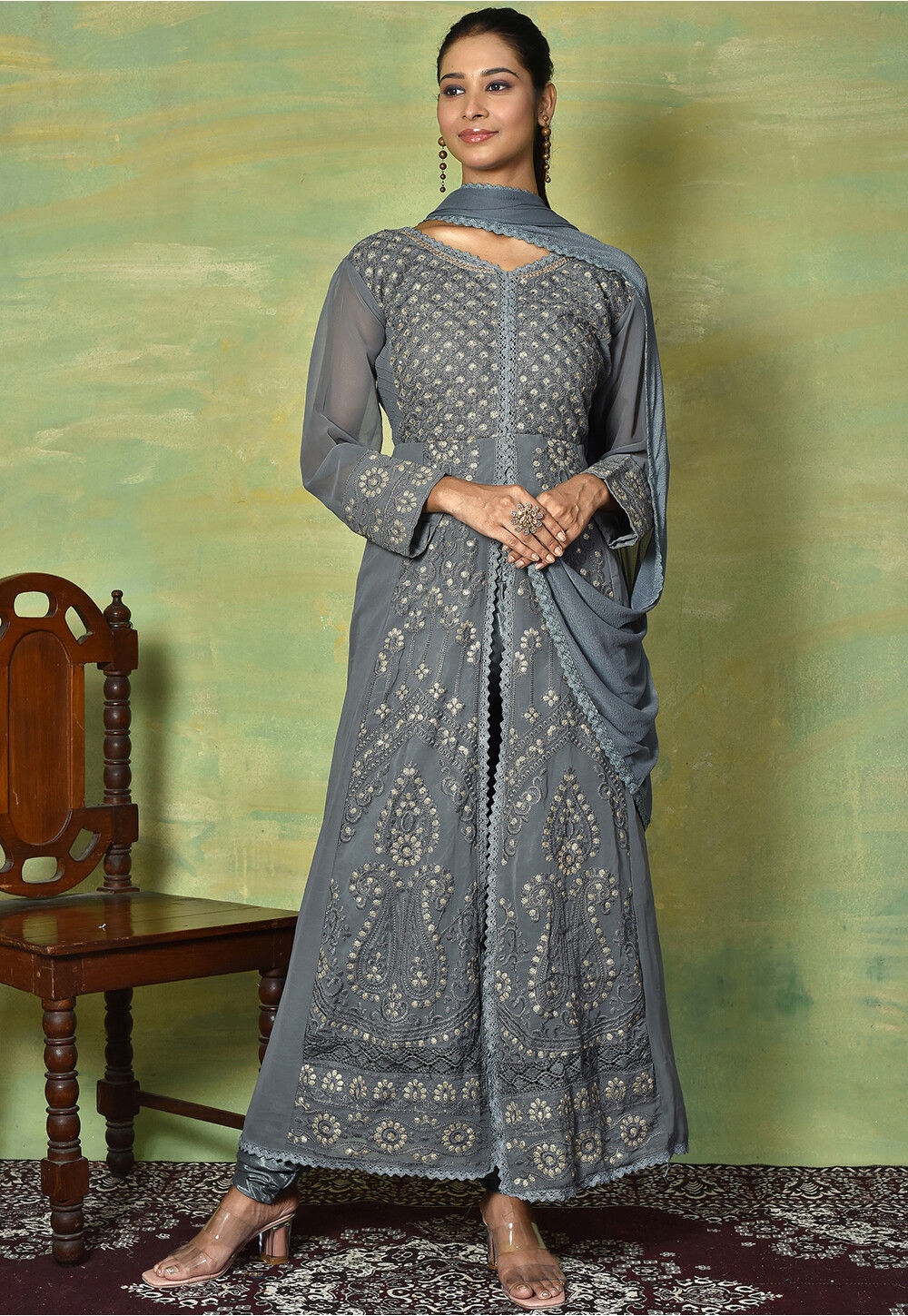Classy Grey Georgette Trendy Fashioner Pakistani Salwar Suit Collection With Grey Santoon main image 1