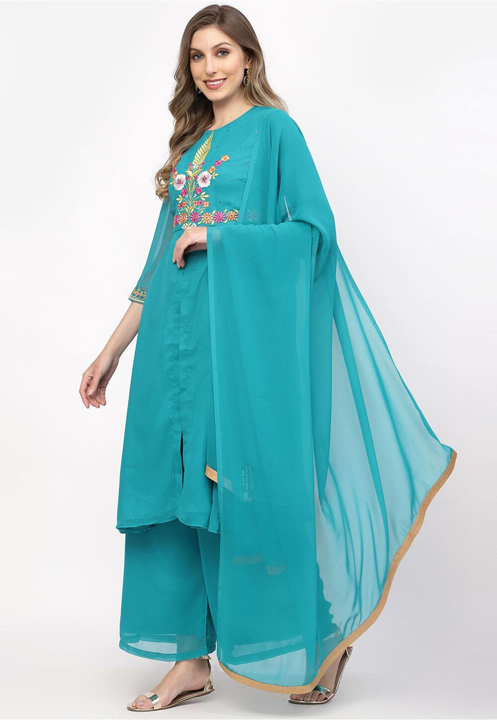 Embroidered Georgette Pakistani Suit In Light Blue Kve363 