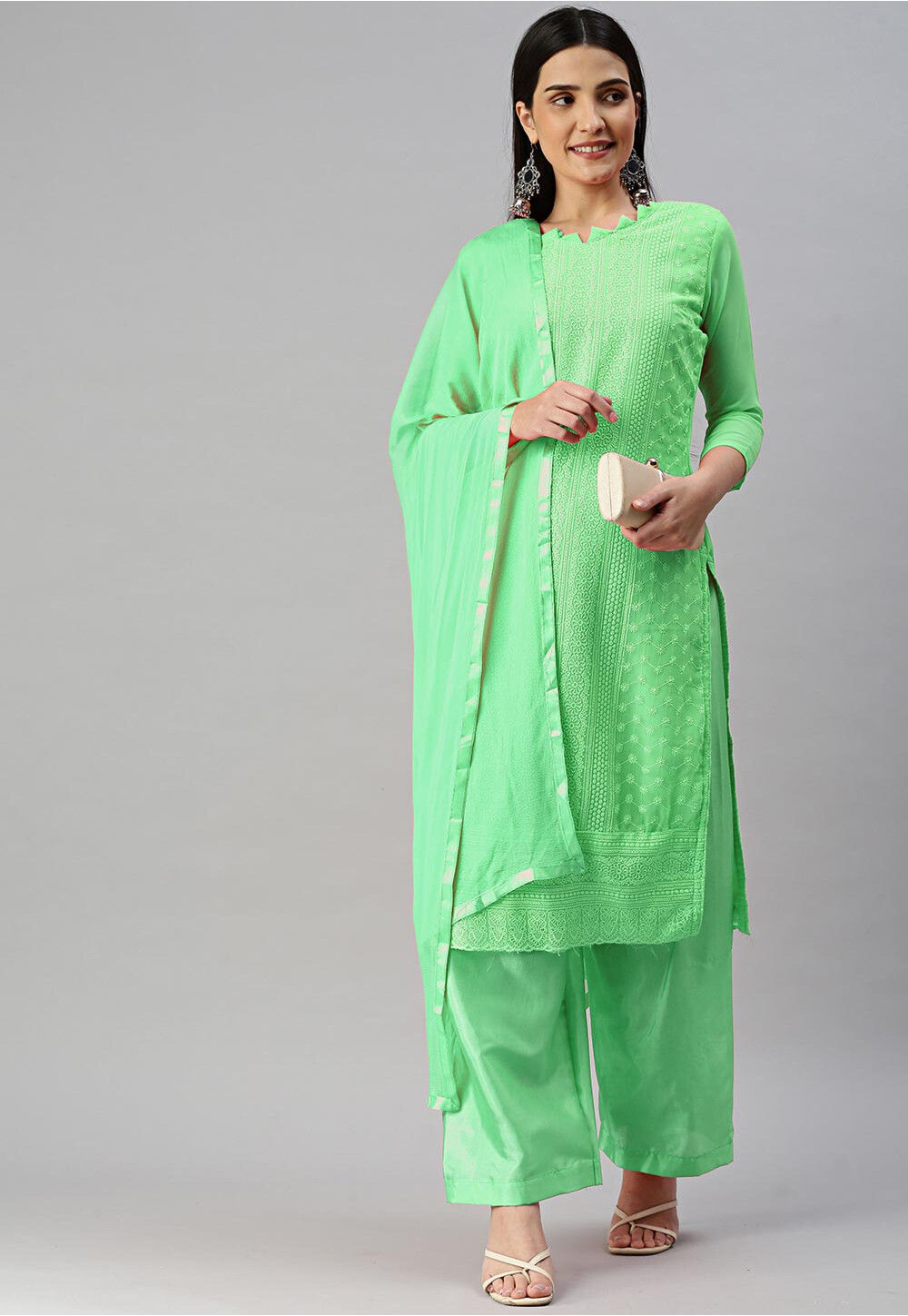 Embroidered Georgette Pakistani Suit In Light Green Kmy48 5859