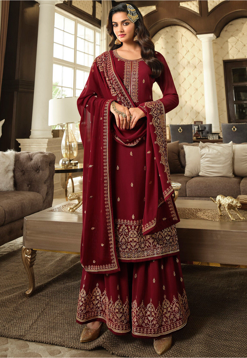 Embroidered Net Pakistani Suit in Maroon