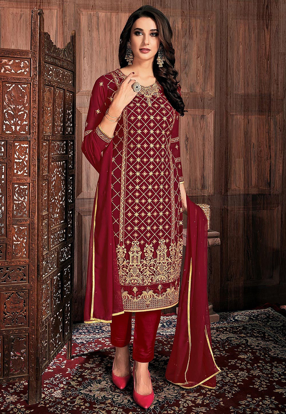 Buy Embroidered Georgette Pakistani Suit In Maroon Online Kch4345 Utsav Fashion 