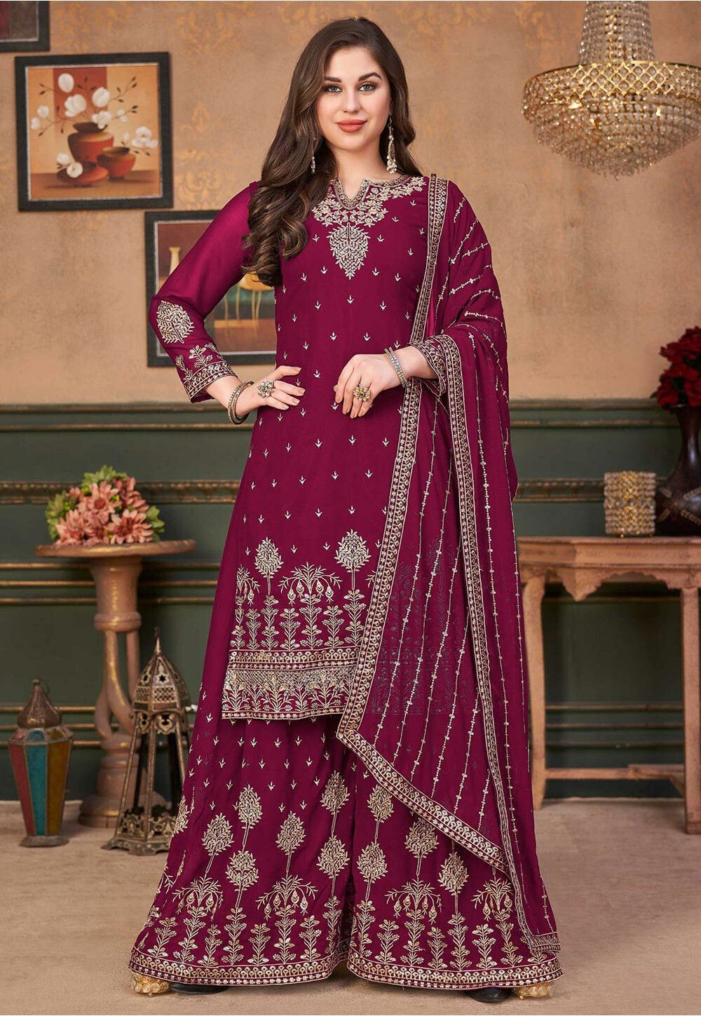 Embroidered Georgette Pakistani Suit in Maroon : KCH8509
