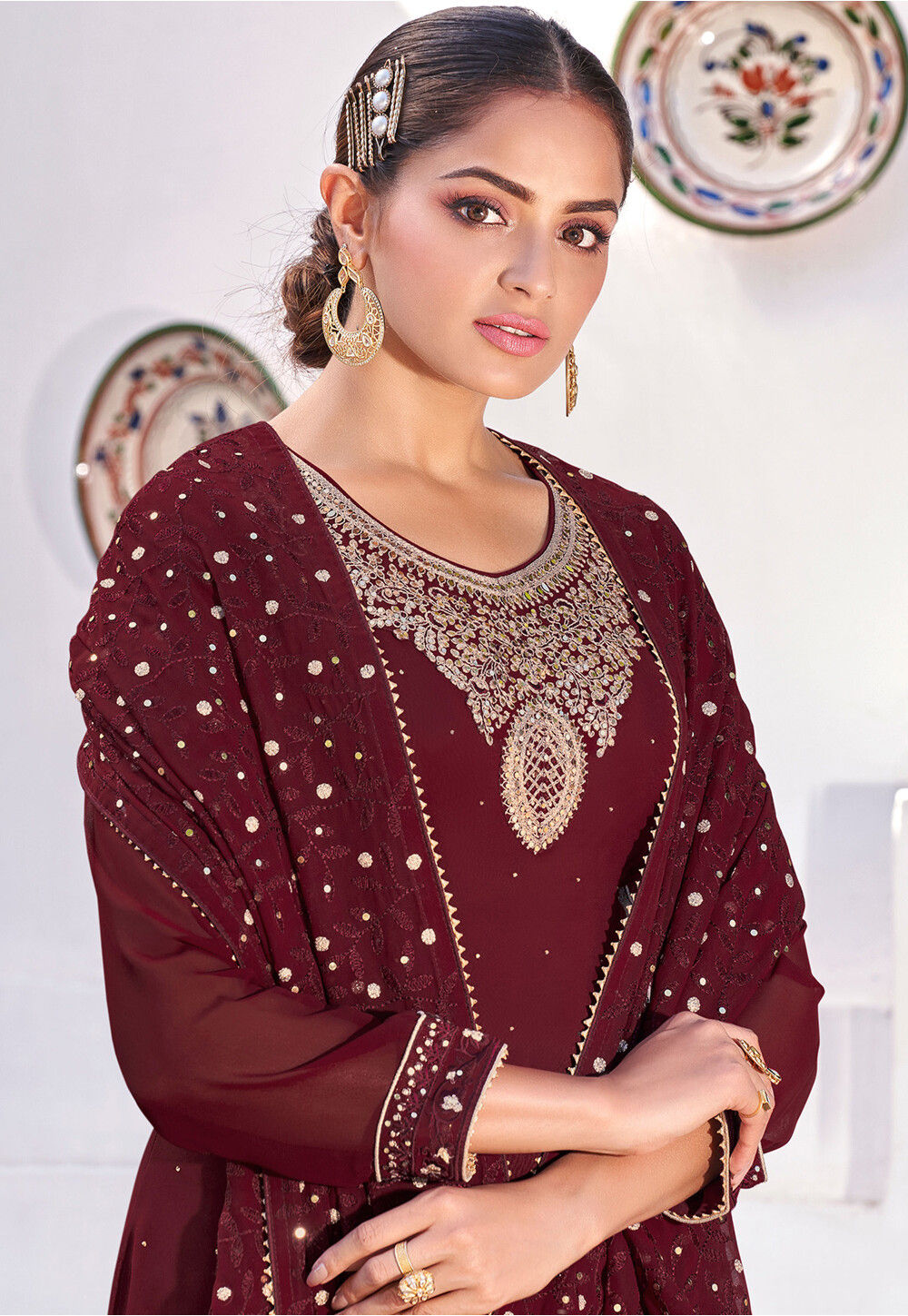 Buy Embroidered Georgette Pakistani Suit In Maroon Online Kch8922 Utsav Fashion 