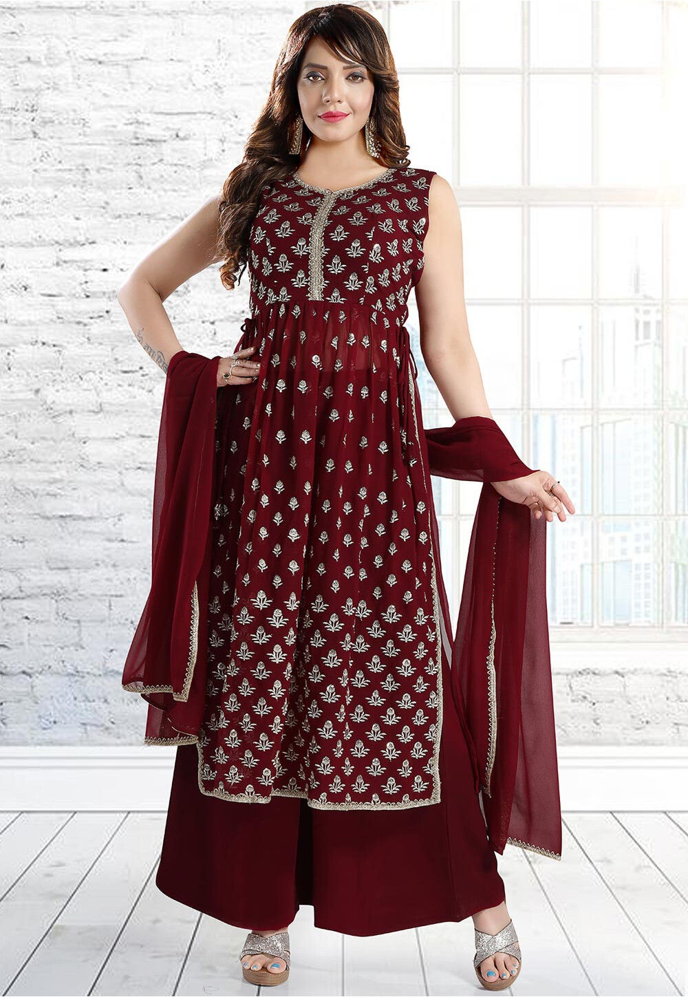 Buy Embroidered Georgette Pakistani Suit in Maroon Online : KUMT1012 ...