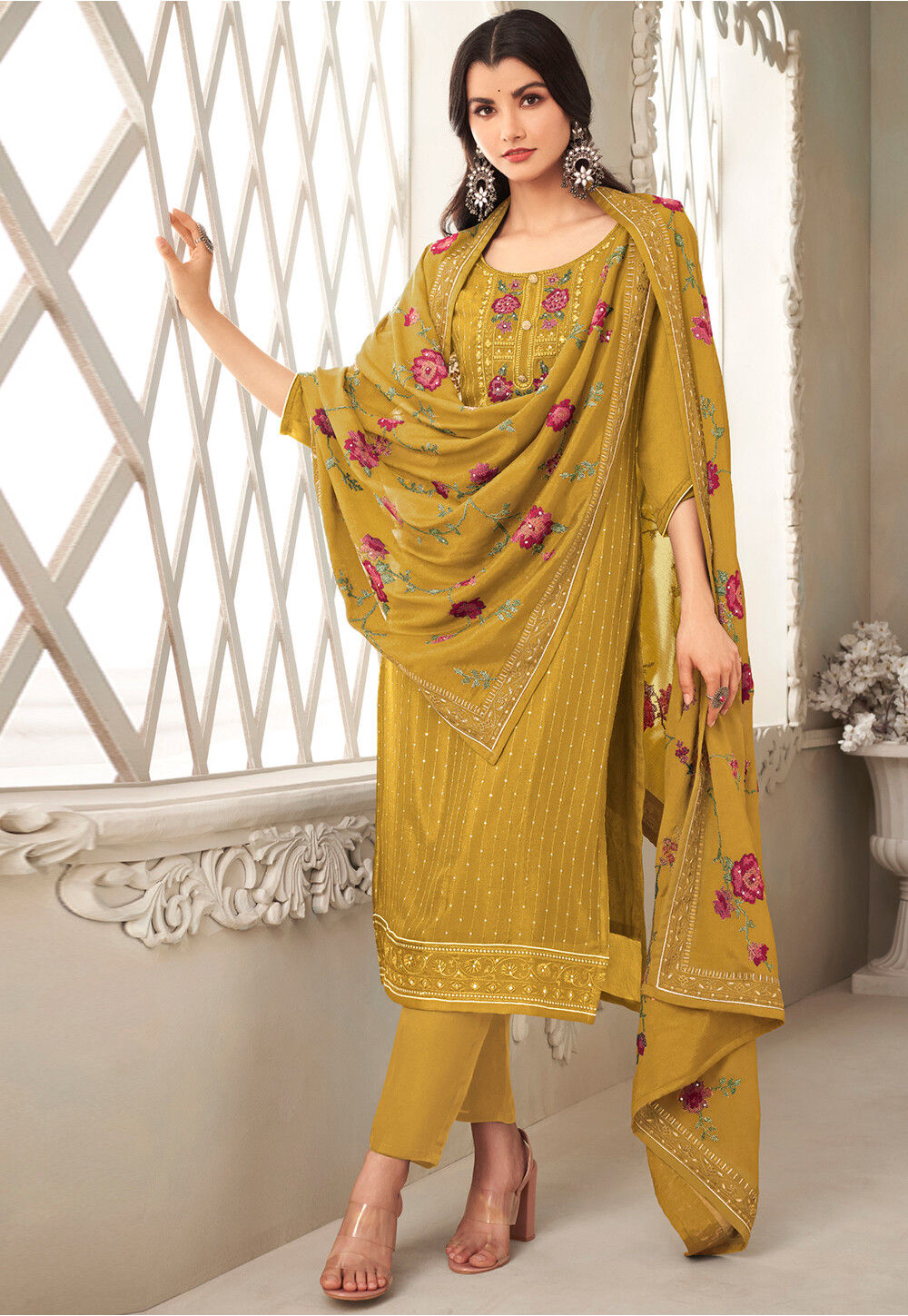 Pakistani & Indian Mustard Gold Embroidered Net Formal Suit – Luxury Organza Shalwar Kameez