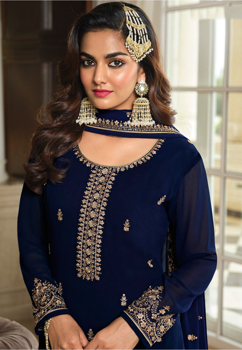 Buy Embroidered Georgette Pakistani Suit In Navy Blue Online Kch10555 Utsav Fashion 