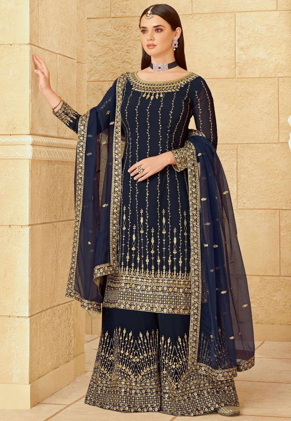 Embroidered Georgette Pakistani Suit In Navy Blue Kch6418 