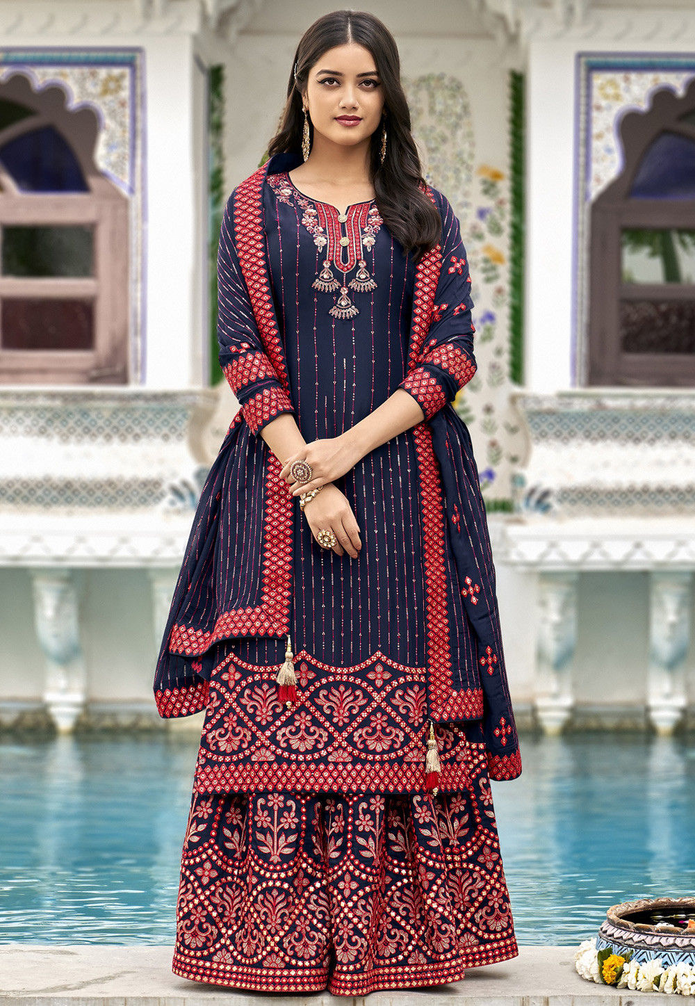 Embroidered Georgette Pakistani Suit in Navy Blue : KCH7043