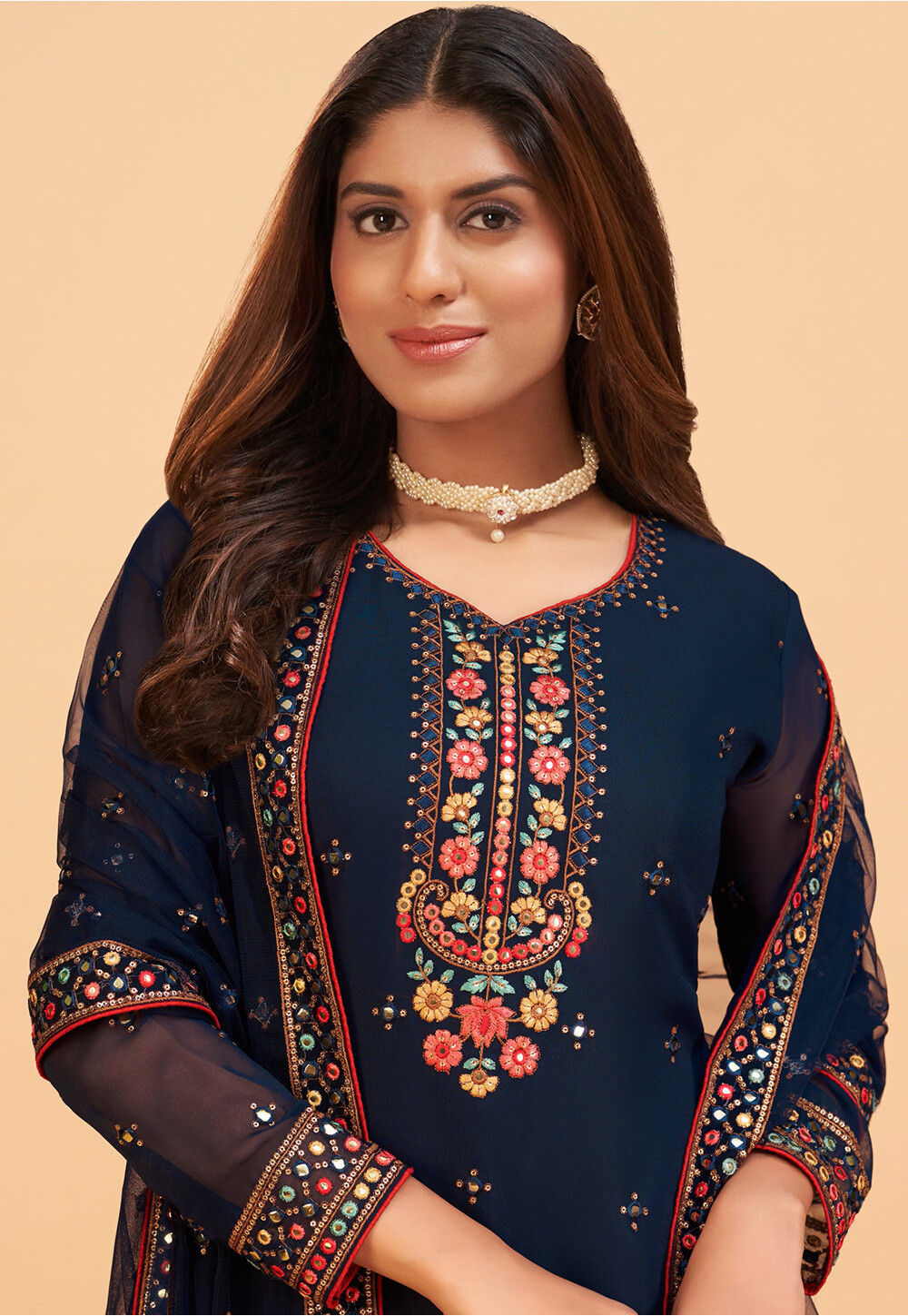 Embroidered Georgette Pakistani Suit In Navy Blue Kch9780 